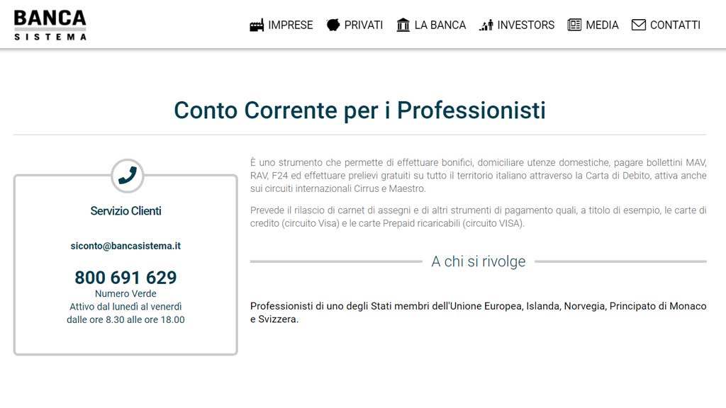 Conto Corrente Professionisti Banca Sistema